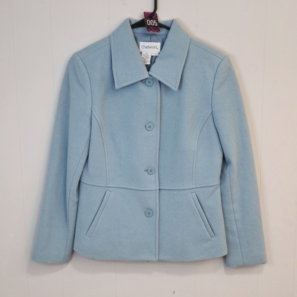 Chadwicks Baby Blue Wool Bussiness Jacket. Size 2 Petite NWOT